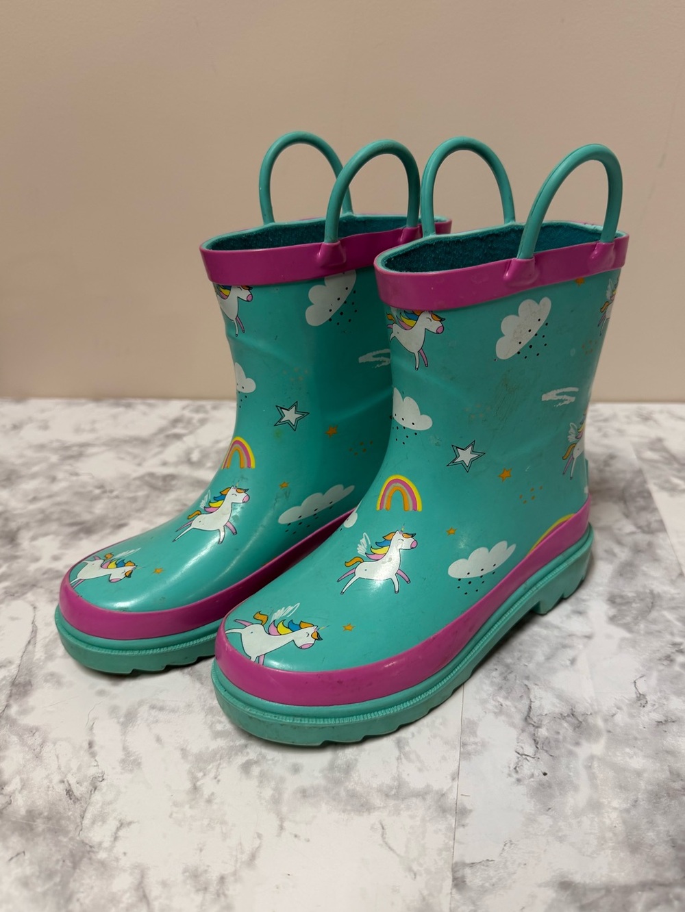 Kids Teal Unicorn Rain Boots with Pink Trim
